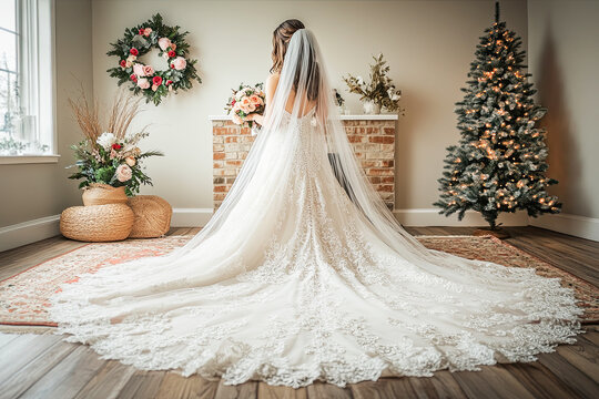 Elegant Bride in Lace Wedding Dress with Christmas Tree and Cozy Holiday Decor. Luxury Wedding Gown with Cathedral Train and Festive Christmas Tree Interior Scene.