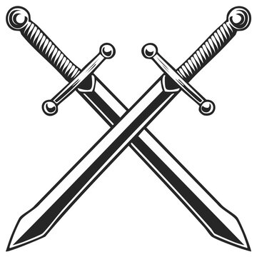 Two crossed medieval broadswords symbolize medieval combat, knights, and historical battles for courage and strength.
