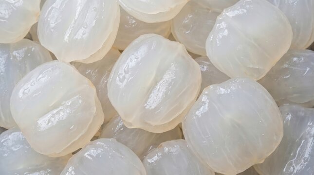 Close up of translucent white peeled longan fruit segments with subtle striations and a wet glistening texture filling the frame