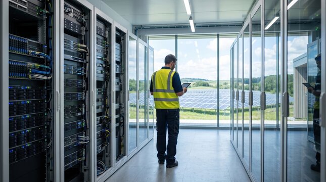 Technician monitoring server room with tablet, data center interior with glass wall looking out to solar farm, IT infrastructure management, cloud computing technology
