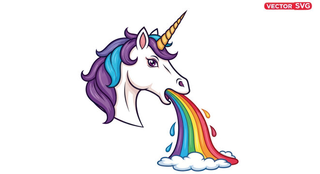 Unicorn Vomiting Rainbow Colors, Magical Creature, Fantasy Illustration