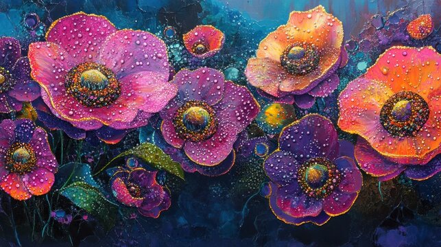 Vibrant dewy flowers in a lush garden setting; artistic floral display