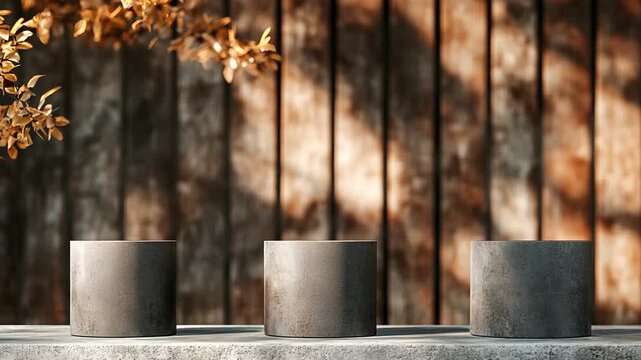 Three modern concrete pots on a stone surface outdoors