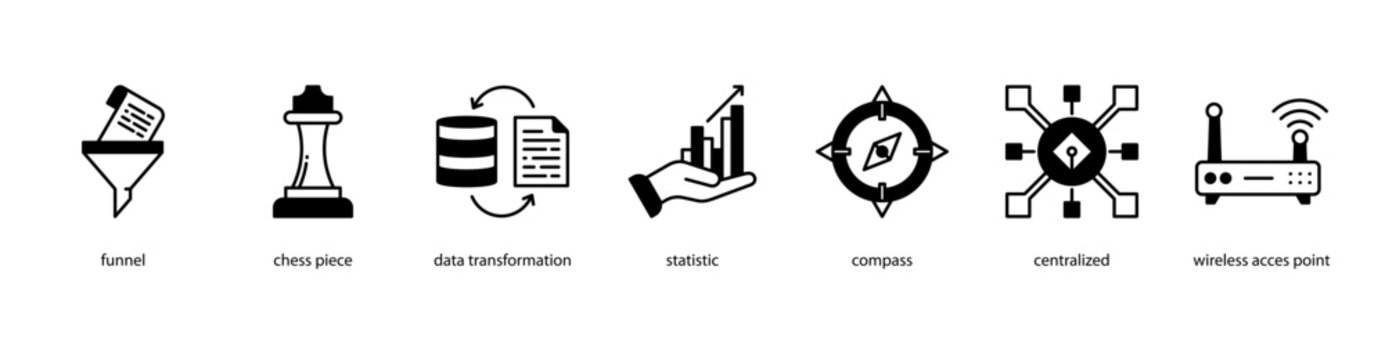 Data Strategy web banner icon vector illustration featuring Funnel, Chess Piece, Data Transformation, Statistic, Compass, Centralized, and Wireless Access Point.