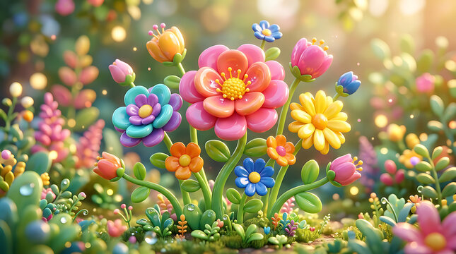 Colorful glossy flowers 3d render with detailed petals on transparent background