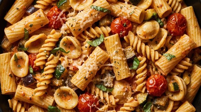 Close up overhead view of a hearty pasta dish with rigatoni orecchiette and fusilli mixed with roasted vegetables and melted cheese