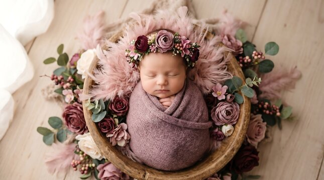 An adorable newborn infant slumbering peacefully, swaddled in a soft, rosy fabric, nestled within a wooden bowl adorned with a vibrant, whimsical floral arrangement, complemented by fluffy
