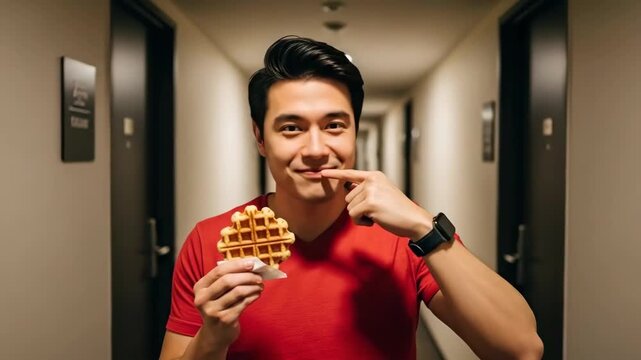 A young man eating a waffle in a hotel hallway enjoying a tasty snack