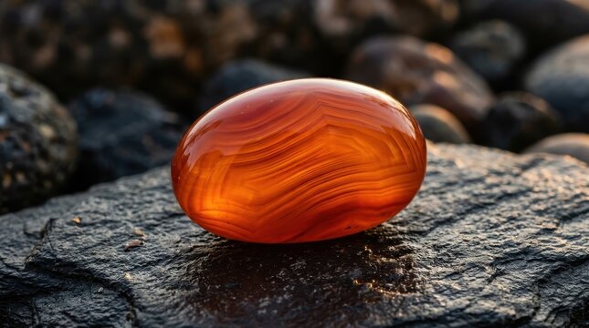 Translucent orange banded agate gemstone polished smooth resting on dark textured rock with natural light