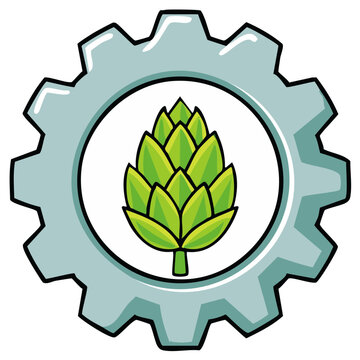 Green Hop Plant Inside a Gear, Beer Brewing Illustration, Technology and Nature