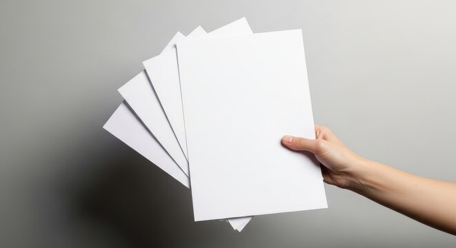 Hand holding stack of white paper sheets against gray background