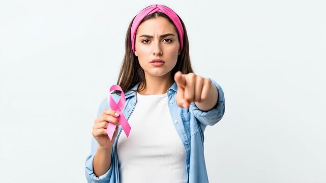 A young woman in a pink headband points accusingly while holding a pink ribbon on a white background