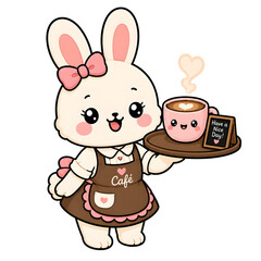 Obraz premium Cute Kawaii Bunny Barista Clipart, Adorable Rabbit Café Waitress Serving Coffee Cartoon Illustration, Cozy Coffee Shop PNG Art
