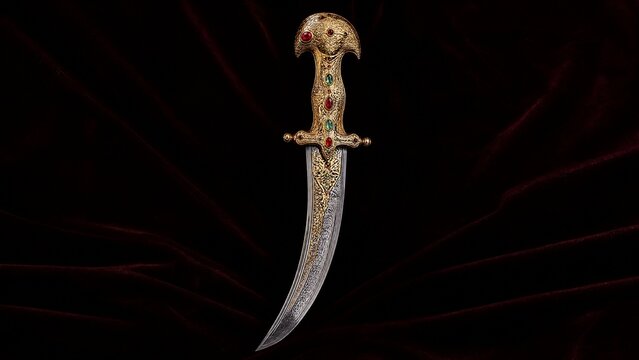 rajput. An ornate curved dagger with a jeweled hilt on dark velvet. event programs, museum guides, designed for cultural heritage projects and event programs, preserves heritage.