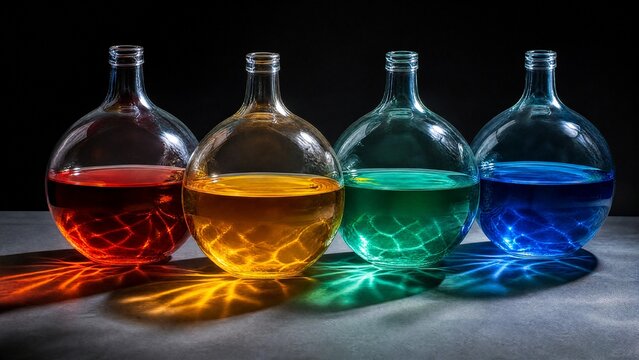 demijohns. Colorful liquids in round glass demijohns creating light refraction, dark background, crisp details. STEM education sheets.