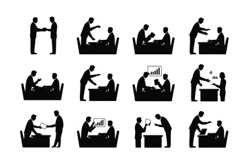 Fototapeta premium Corporate business meeting silhouettes vector set with people sitting and talking at desk.