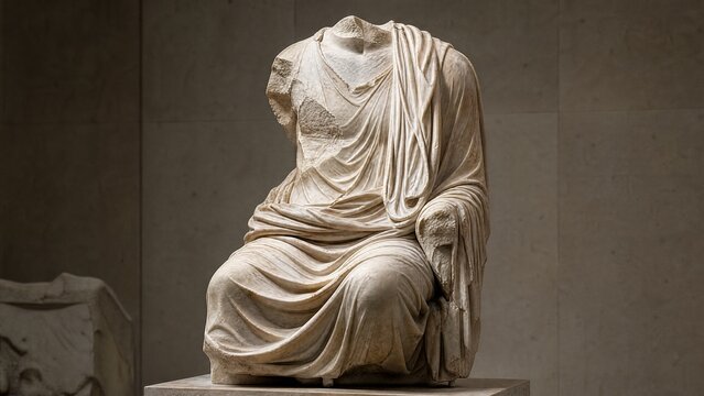 toga. A headless marble statue with detailed toga folds in a museum setting. event programs, museum guides, designed for cultural heritage projects and event programs, used by project managers.