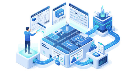 Fototapeta premium Isometric Air Cargo Logistics Management System with Digital Interface and Global Supply Chain Tracking