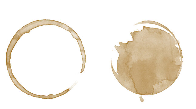 Vintage coffee cup stains on white background, brown caffeine ring and circular splatters, rustic beverage marks for design textures