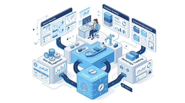Isometric ocean freight hub and global logistics management system with digital dashboard interface for supply chain tracking and vessel scheduling in blue corporate style