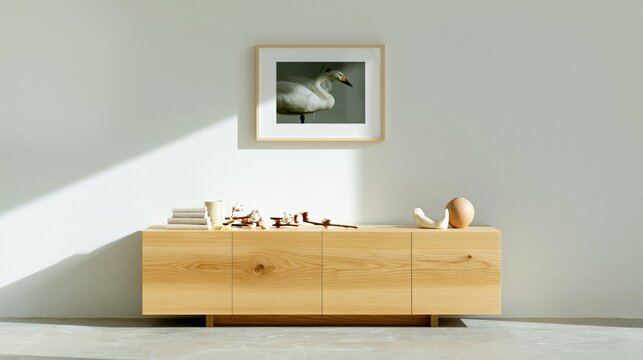 Minimalist wooden sideboard standing against a cream wall with decorative objects for slow living editorial, home staging and interior design inspiration website