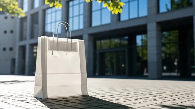 A white shopping bag on a city sidewalk in front of a modern office building