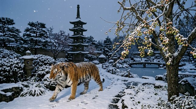 Majestic Tiger Roaming Through a Serene Snow-Covered Japanese Garden with Pagoda at Dusk.