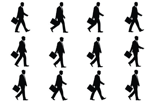 Professional businessman silhouettes walking with briefcases in sequence for office design.