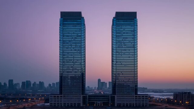 Twin skyscrapers at dusk with city skyline backdrop