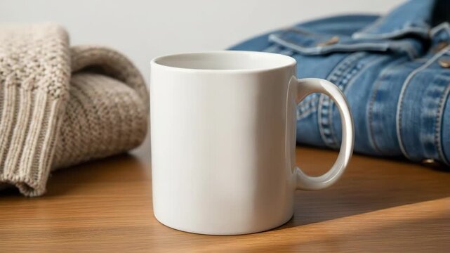 A cozy featuring a white coffee mug on a wooden table with denim and knitwear