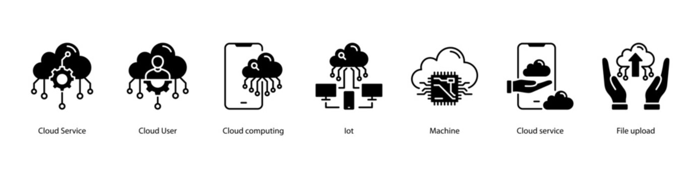 Cloud Solutions web banner icon vector illustration featuring Cloud Service, Cloud User, Cloud Computing, IoT, Machine, Cloud Service, and File Upload.
