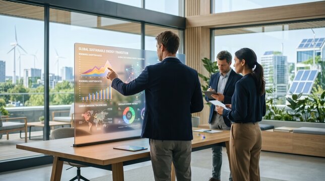 Business team analyzing global sustainable energy transition data on futuristic digital dashboard, corporate ESG strategy meeting in modern office with wind turbines view.