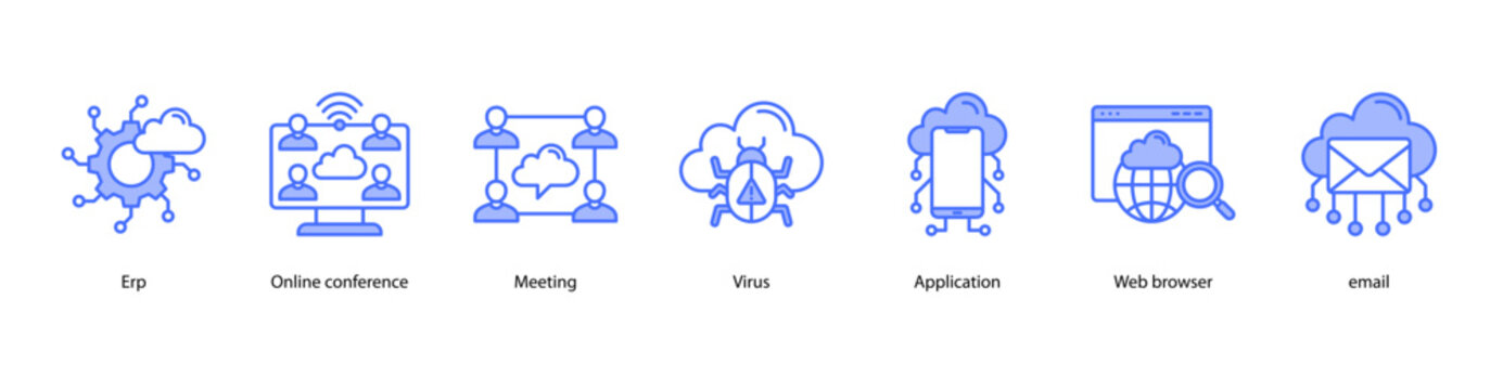 Digital Workspace web banner icon vector illustration featuring ERP, Online Conference, Meeting, Virus, Application, Web Browser, and Email.