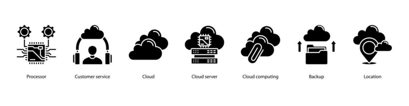 Enterprise Cloud web banner icon vector illustration featuring Processor, Customer Service, Cloud, Cloud Server, Cloud Computing, Backup, and Location.