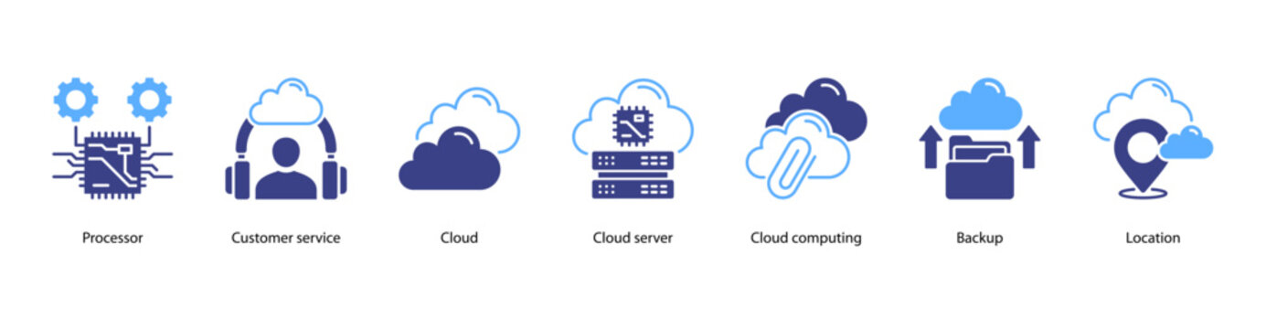 Enterprise Cloud web banner icon vector illustration featuring Processor, Customer Service, Cloud, Cloud Server, Cloud Computing, Backup, and Location.