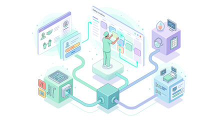 Fototapeta premium Isometric Medical Workflow Illustration with Healthcare Professional Managing Hospital Digital Timeline and Patient Data Systems for Modern Clinic Management