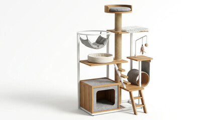 Obraz premium Detailed 3D rendering of an elegant multi-level cat activity center designed for scratching, climbing, and relaxation in a contemporary home setting