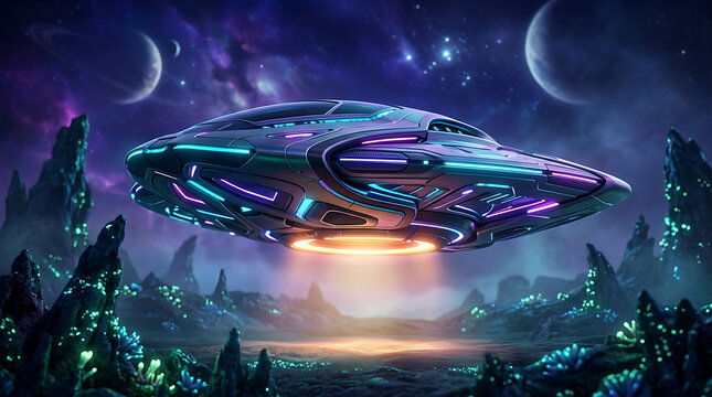 Futuristic spaceship ufo flying over alien planet digital illustration on transparent background