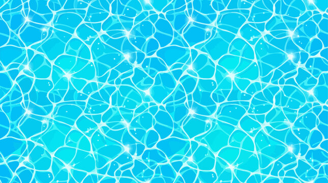 Isometric seamless pattern of blue swimming pool water surface with caustic light reflections and sparkling waves for summer background and digital design