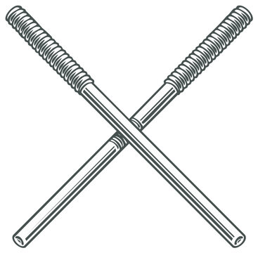 Crossed martial arts escrima sticks or police batons in a vintage monochrome line art style
