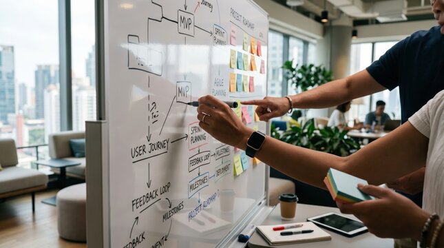 Agile software development team brainstorming project roadmap and user journey on whiteboard with sticky notes