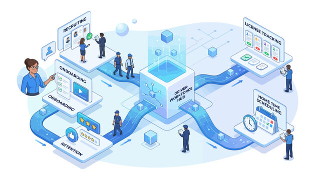 Isometric Driver Workforce Hub Infographic Showing Recruiting Onboarding License Tracking and Scheduling Software Process for Logistics Management
