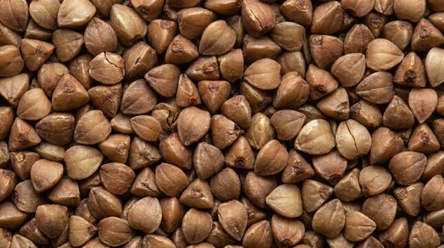 Close up overhead view of numerous small brown buckwheat groats filling the entire frame with natural light