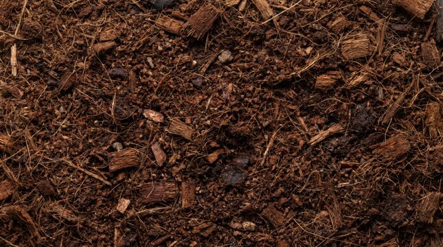 Close up overhead view of rich brown coco coir and peat moss potting mix with visible coconut husk fibers and small soil particles