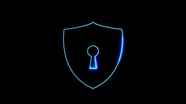Futuristic cyber security concept featuring glowing digital protection shield icon with a keyhole for data privacy and network defense