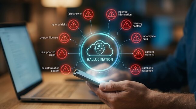Artificial Intelligence Hallucination Concept: AI errors like fake answers, incorrect information, and unreliable responses are shown emanating from a cloud.