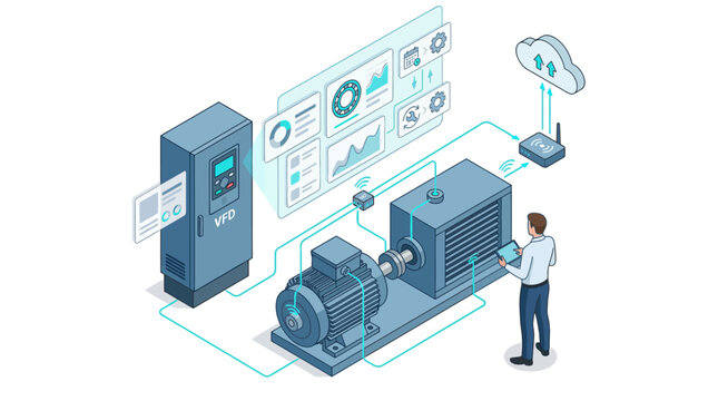 Isometric industrial IoT monitoring system with technician using tablet for VFD motor maintenance and data analytics in smart factory environment
