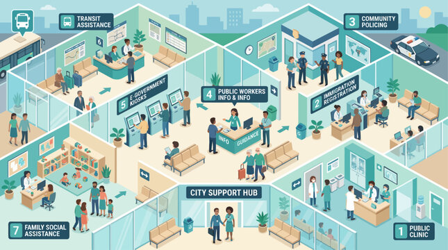 Isometric city support hub infographic showing public services transit police immigration and social assistance in a modern office building layout