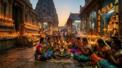 Fototapeta premium South Indian women praying at a temple during a traditional evening festival