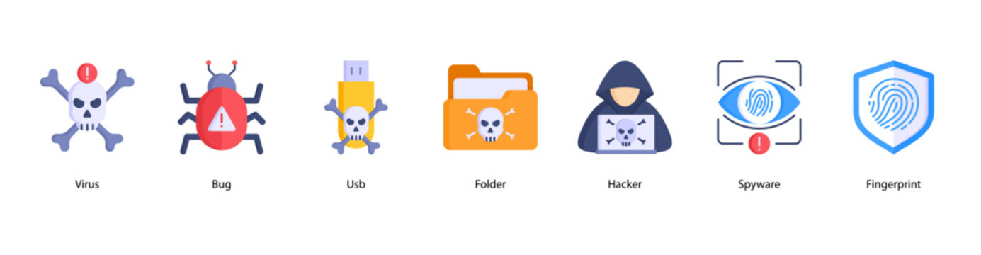 Cyber Threats web banner icon vector illustration featuring Virus, Bug, USB, Folder, Hacker, Spyware, and Fingerprint.